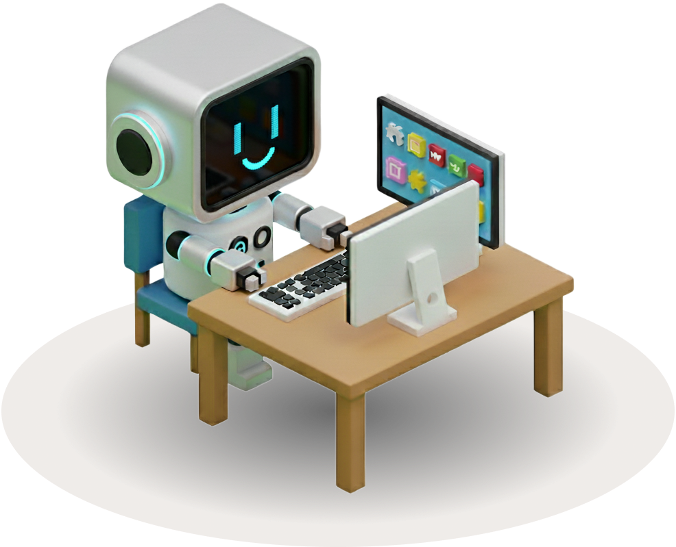 Illustration of a robot representing repetitive tasks and routine work that can be automated by Virkum's AI solutions